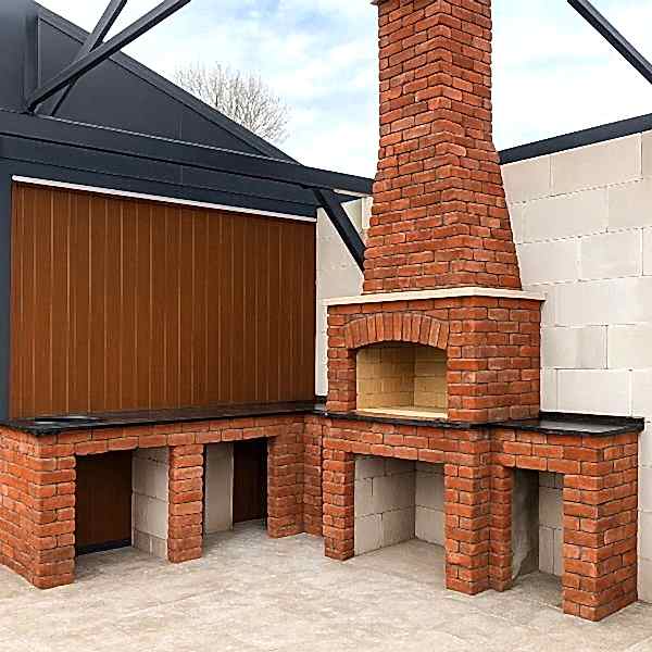 Kırmızı tuğla barbekü – Barbekü Model 12, kemerli ateşlik ve yan tezgâhlı tasarım