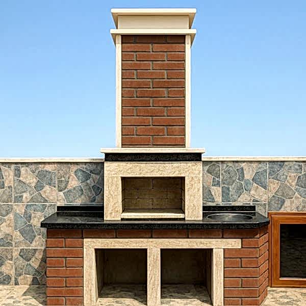 Barbekü Model 9-1 Teras barbekü modelleri – Barbekü Model 9 tuğla kaplama baca ve granit tezgâh