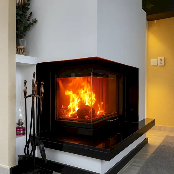 odunlu-somine-model-5-2 Köşe camlı modern şömine modeli – yan cepheden görünüm