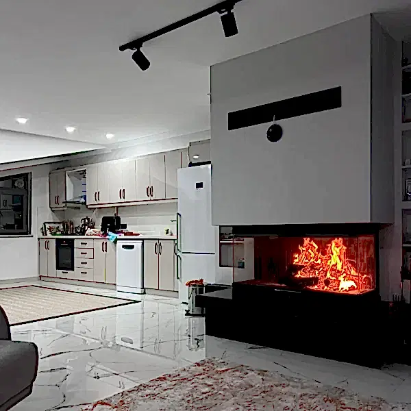 odunlu-somine-model-5-3 Salon içinde modern şömine modelleri örneği – mutfakla birlikte kullanım